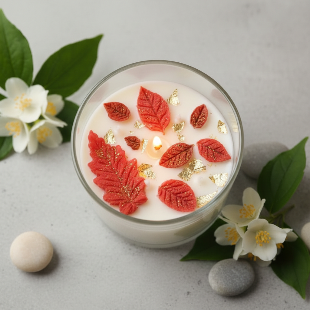 Close-up top view of Blissfullaroma Autumn Leaves Scented Candle showing red botanical leaf embeds and gold foil on white wax